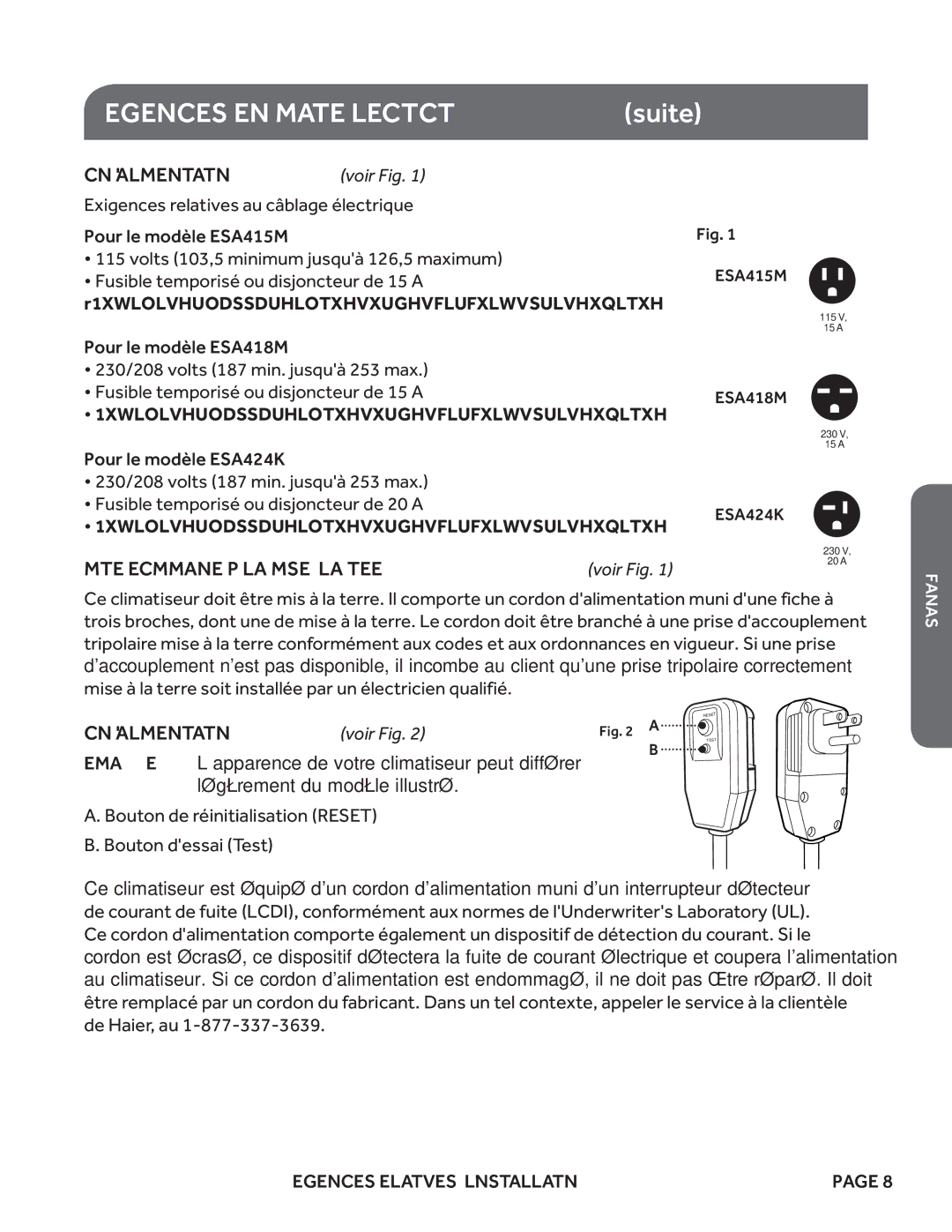 Haier ESA415M, ESA424K, ESA418M user manual Exigences EN Matière D’ÉLECTRICITÉ suite, Cordon Dalimentation voir Fig 