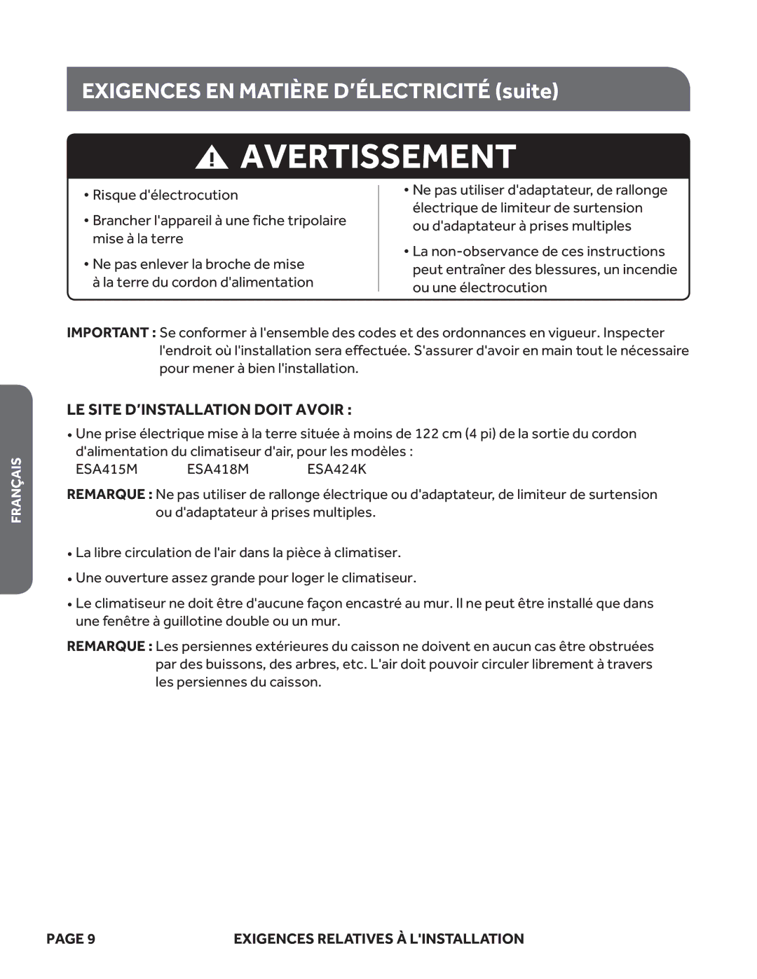 Haier ESA424K, ESA418M, ESA415M user manual LE Site D’INSTALLATION Doit Avoir 