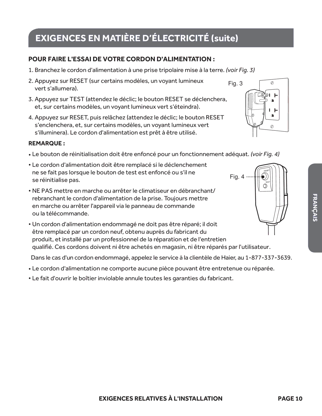 Haier ESA418M, ESA424K, ESA415M user manual Pour Faire Lessai DE Votre Cordon Dalimentation, Remarque 