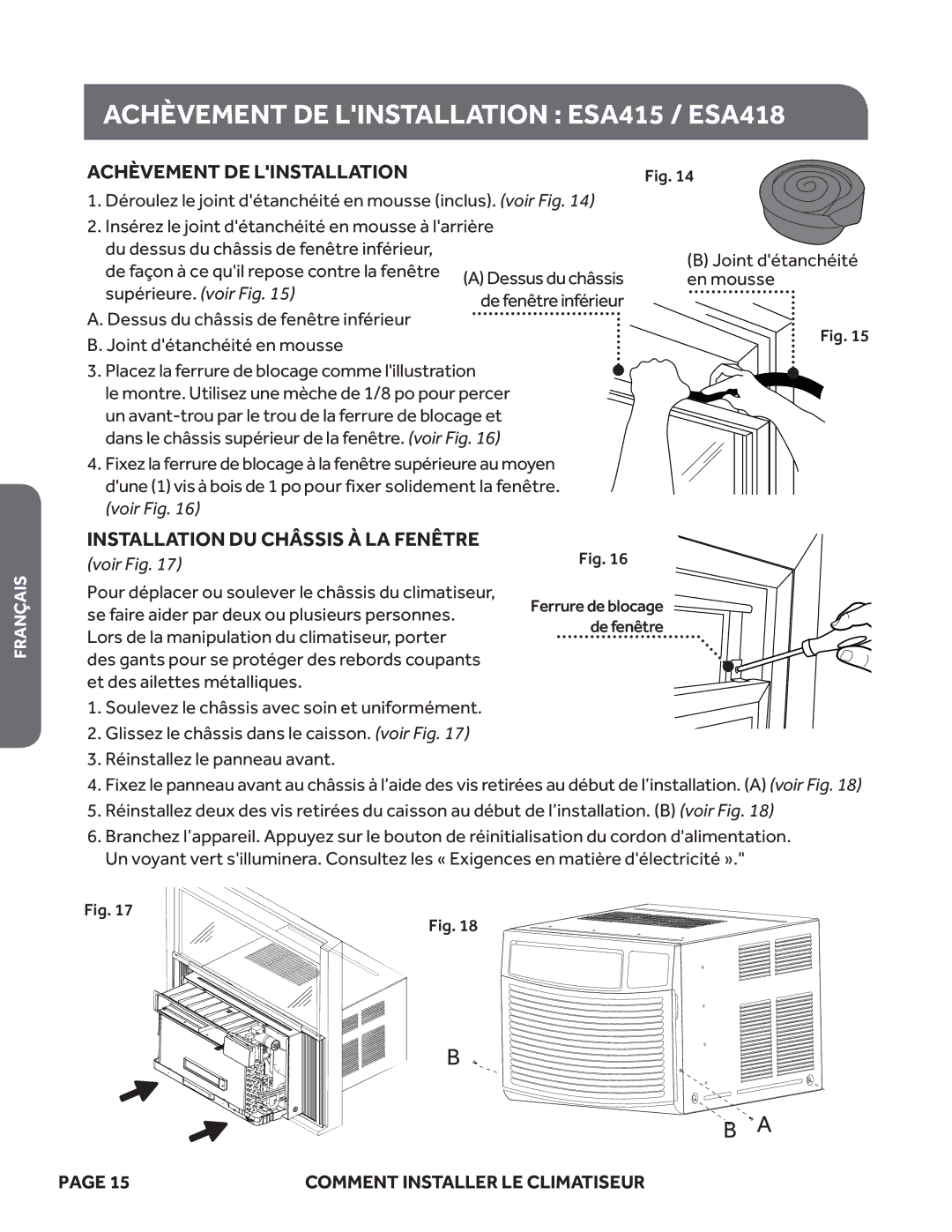 Haier ESA424K, ESA418M, ESA415M user manual Achèvement DE Linstallation ESA415 / ESA418, Installation DU Châssis À LA Fenêtre 