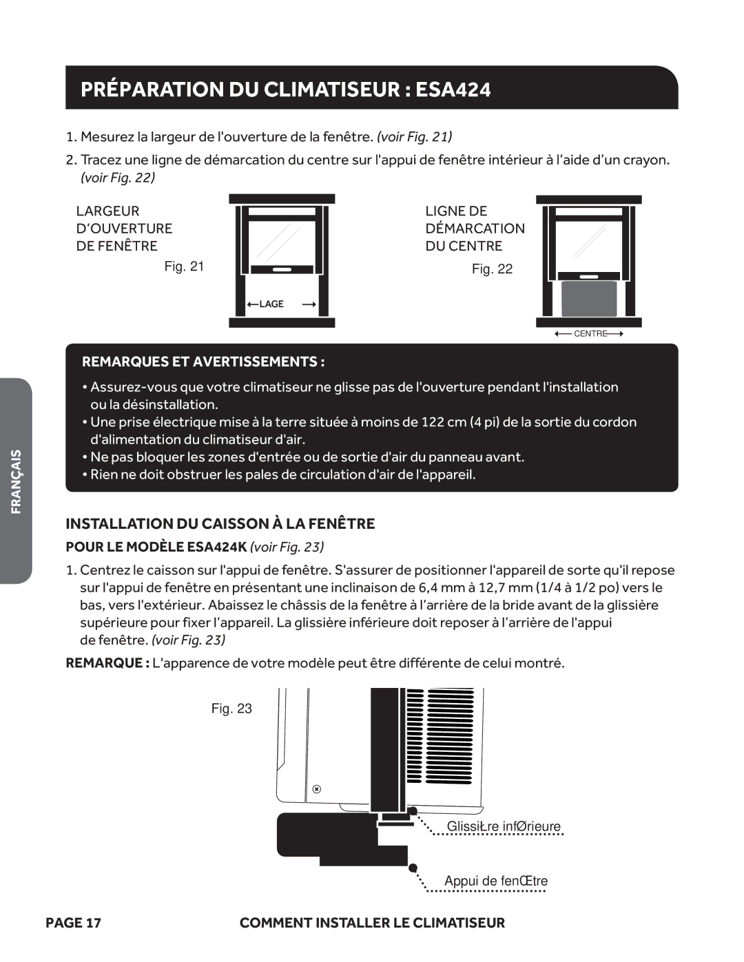 Haier ESA415M, ESA418M user manual Installation DU Caisson À LA Fenêtre, Pour LE Modèle ESA424K voir Fig 