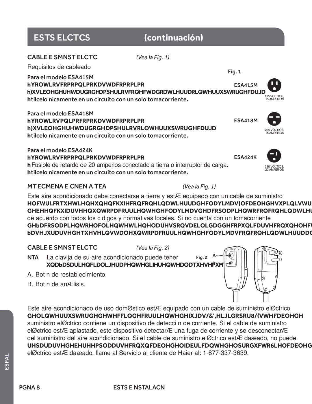 Haier ESA415M, ESA424K, ESA418M user manual Requisitos Eléctricos continuación, Cable DE Suministro Eléctrico Vea la Fig 