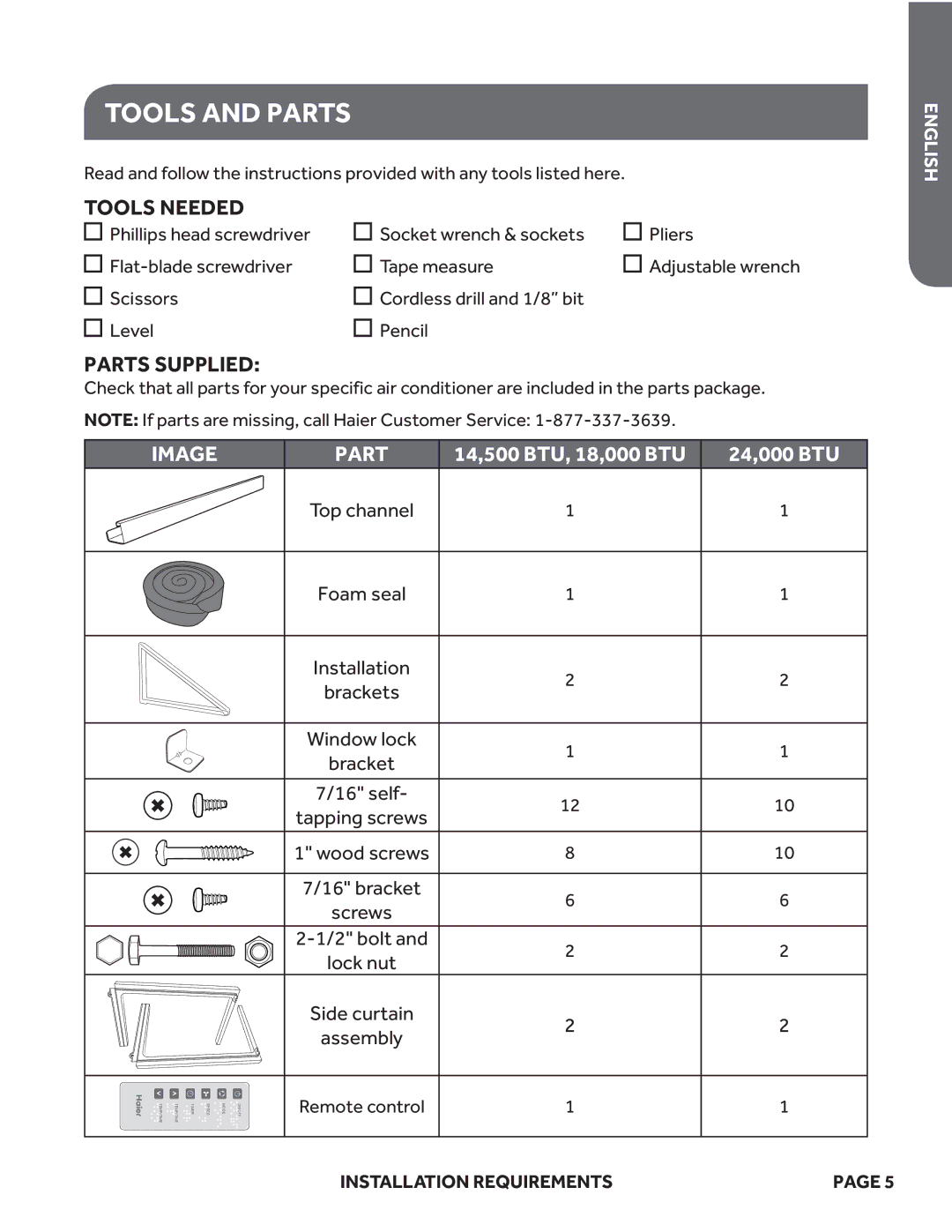 Haier ESA415M, ESA424K, ESA418M user manual Tools and Parts, Installation Requirements 