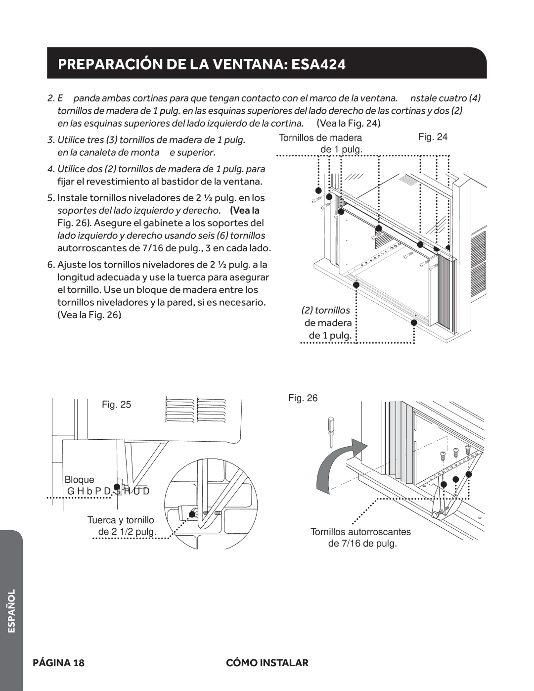 Haier ESA424K, ESA418M, ESA415M user manual Preparación DE LA Ventana ESA424, Tornillos de madera de 1 pulg 