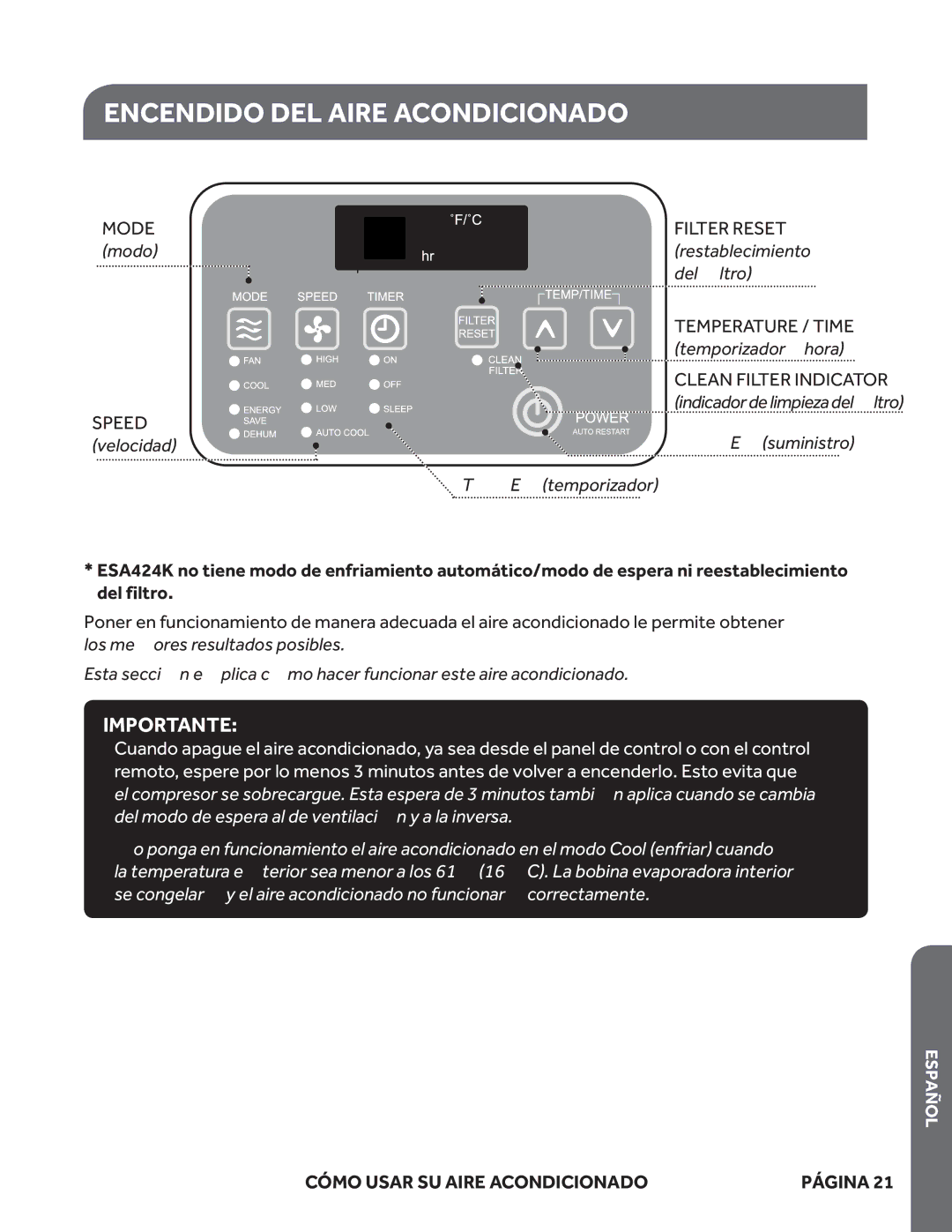 Haier ESA424K, ESA418M, ESA415M user manual Encendido DEL Aire Acondicionado, Cómo Usar SU Aire Acondicionado 