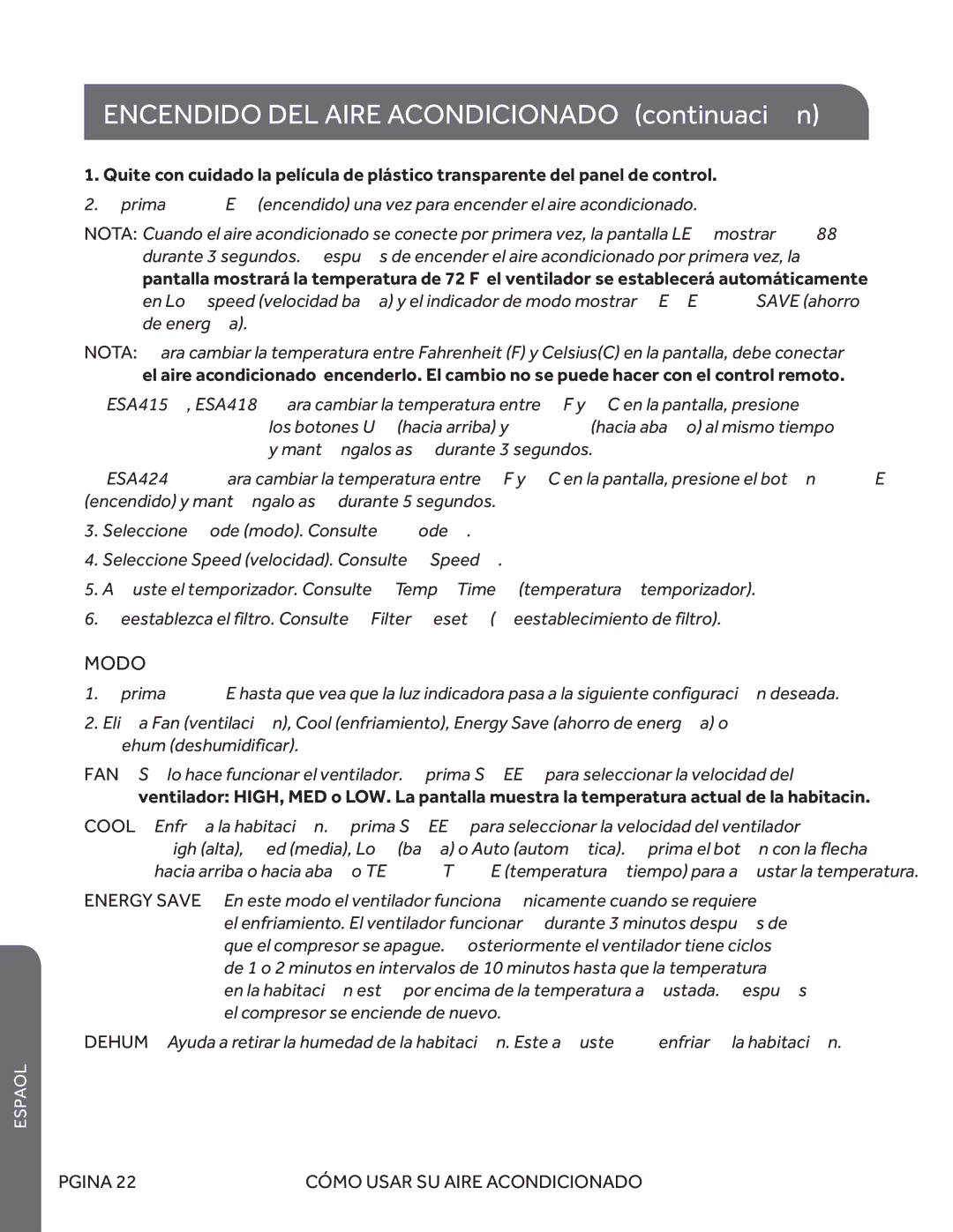 Haier ESA418M, ESA424K, ESA415M user manual Encendido DEL Aire Acondicionado continuación, Modo 