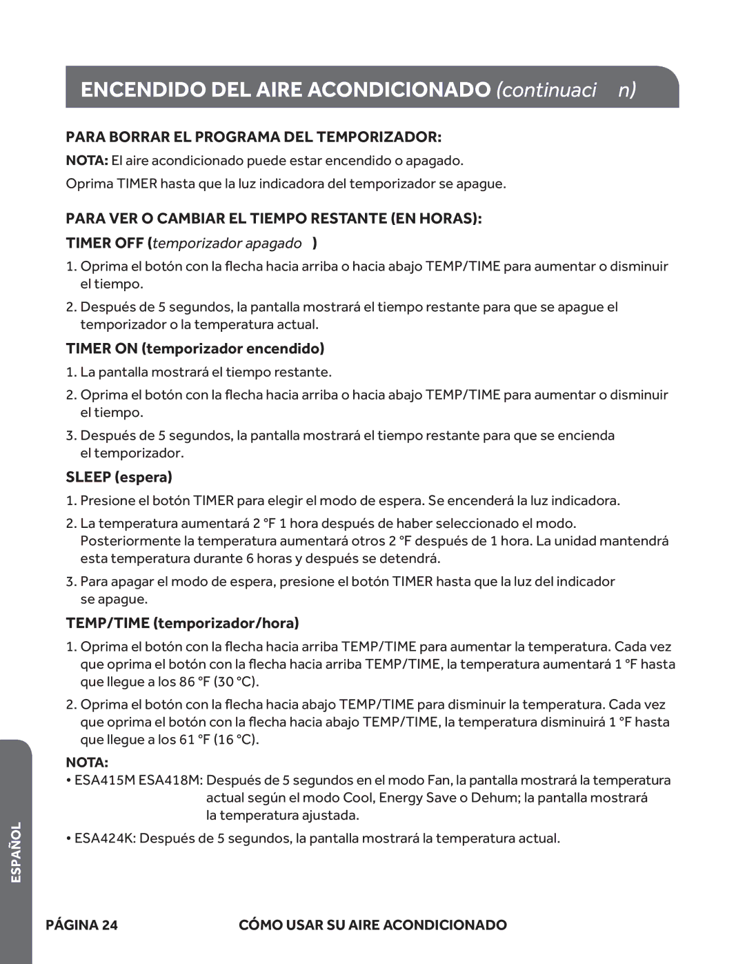 Haier ESA424K, ESA418M, ESA415M Para Borrar EL Programa DEL Temporizador, Para VER O Cambiar EL Tiempo Restante EN Horas 