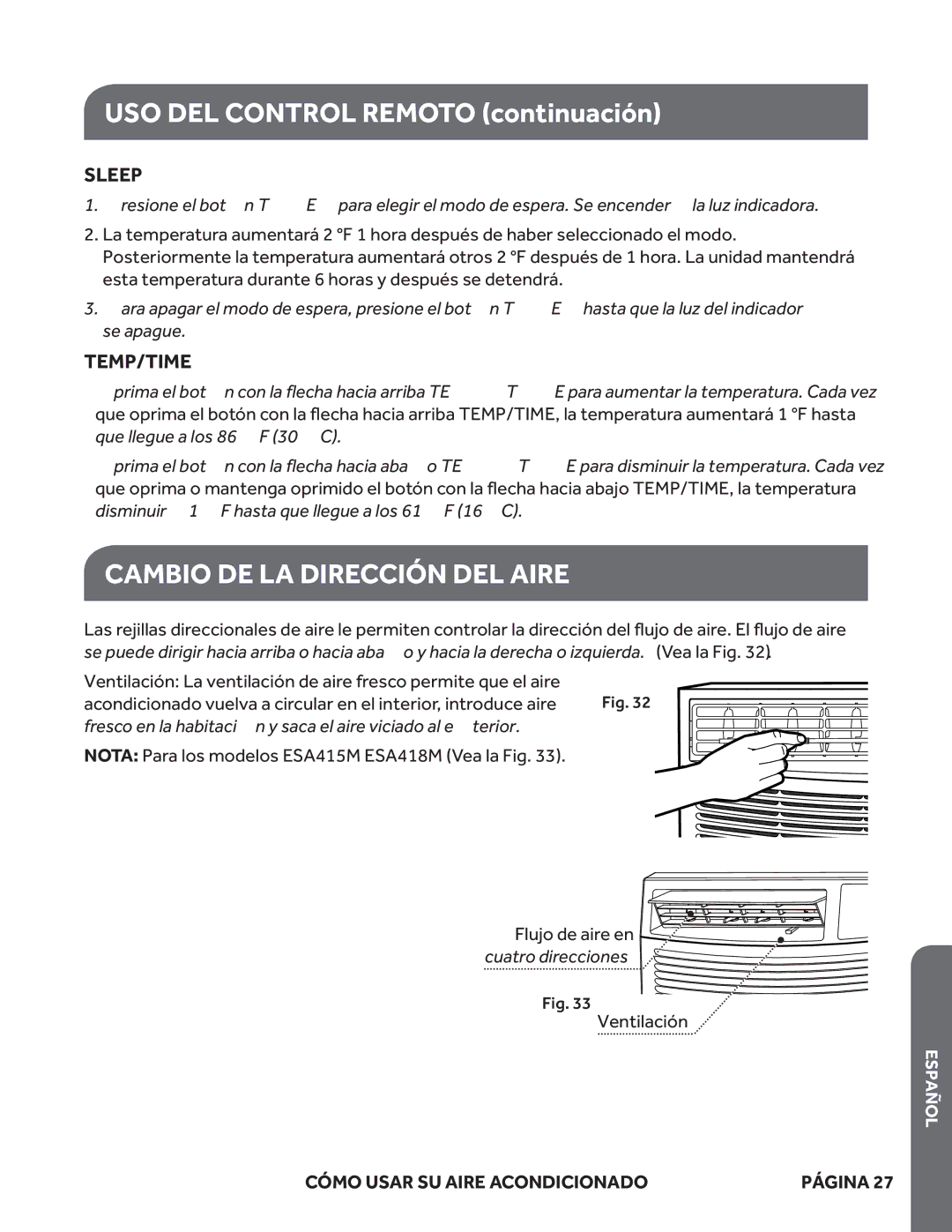 Haier ESA424K, ESA418M, ESA415M user manual Cambio DE LA Dirección DEL Aire, Sleep 