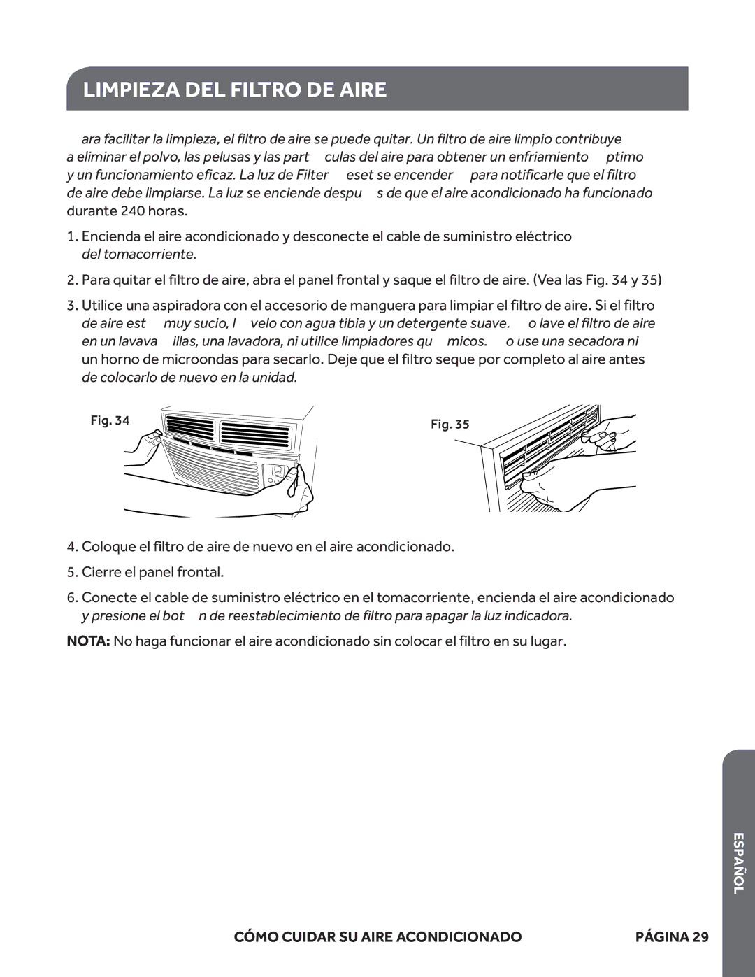 Haier ESA415M, ESA424K, ESA418M user manual Limpieza DEL Filtro DE Aire, Cómo Cuidar SU Aire Acondicionado 