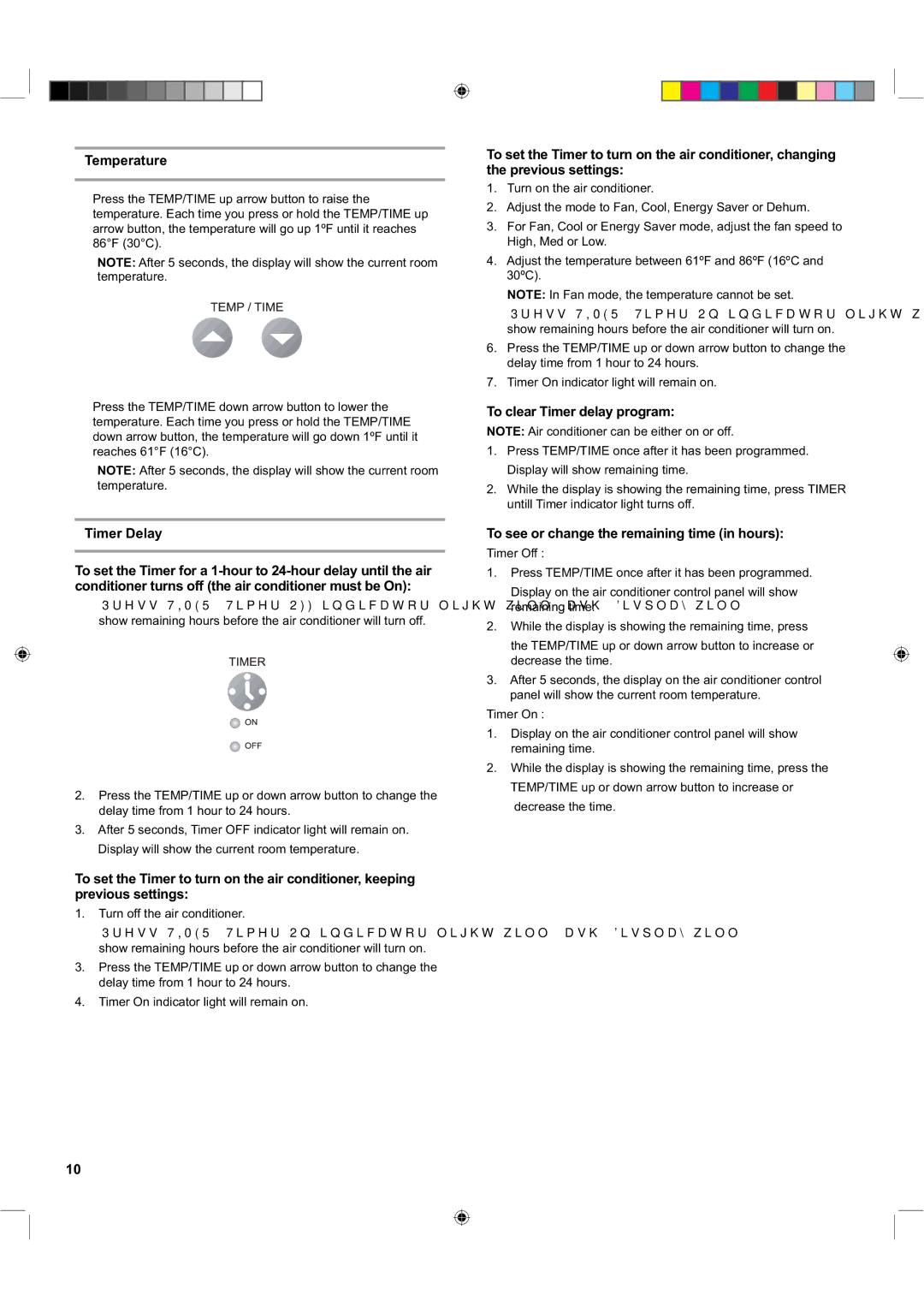 Haier ESA424K manual Temperature, Timer Delay, To clear Timer delay program, To see or change the remaining time in hours 