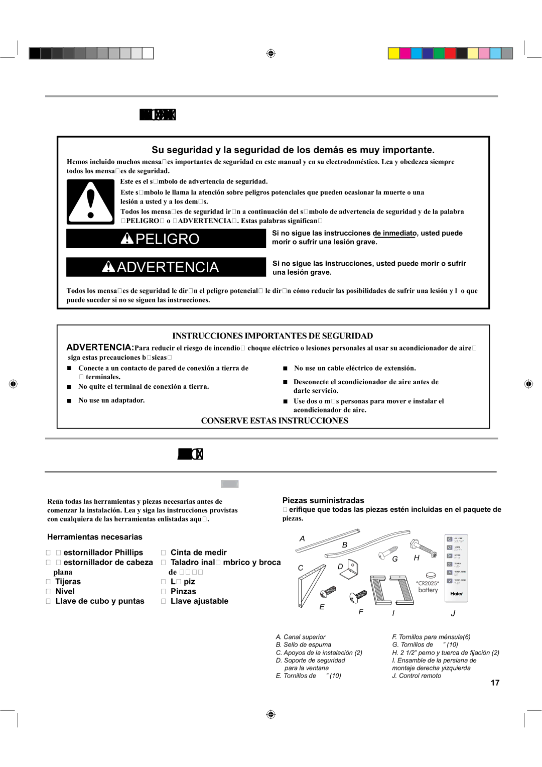 Haier ESA424K-L manual Seguridaddelacondicionadordeaire, Requisitosdeinstalación, Herramientasypiezas, Piezas suministradas 