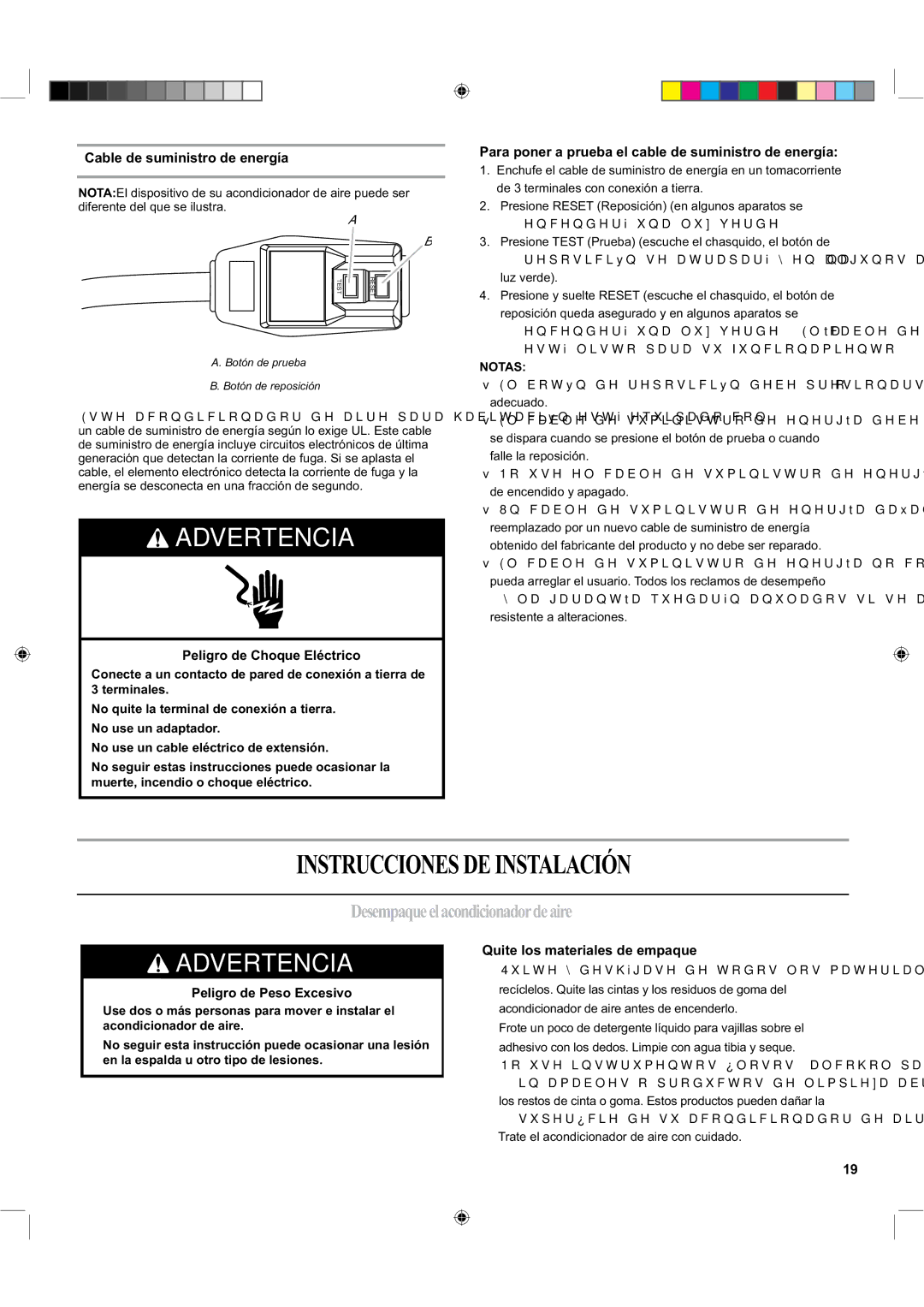 Haier ESA424K-L manual Instruccionesdeinstalación, Desempaqueelacondicionadordeaire, Cable de suministro de energía 