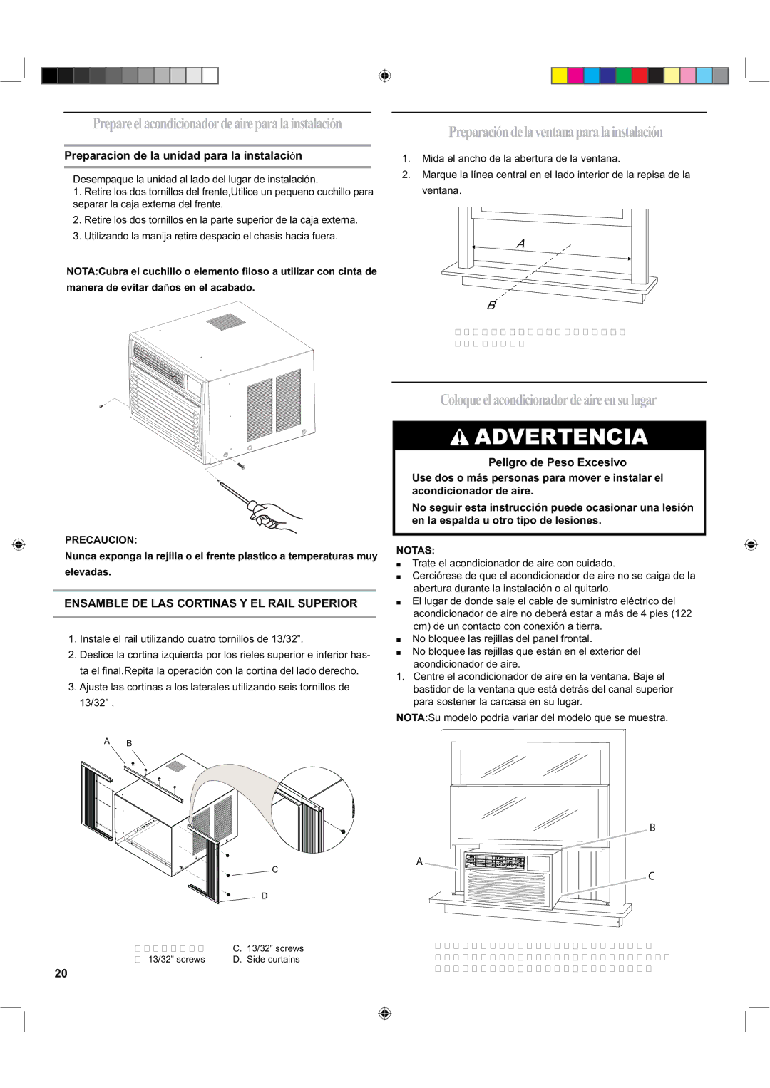 Haier ESA424K Preparacióndelaventanaparalainstalación, Coloqueelacondicionadordeaireensulugar, Peligro de Peso Excesivo 