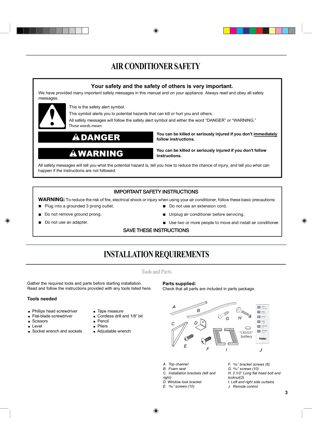 Haier ESA424K-L manual Airconditionersafety, Installationrequirements, ToolsandParts, Parts supplied, Tools needed 