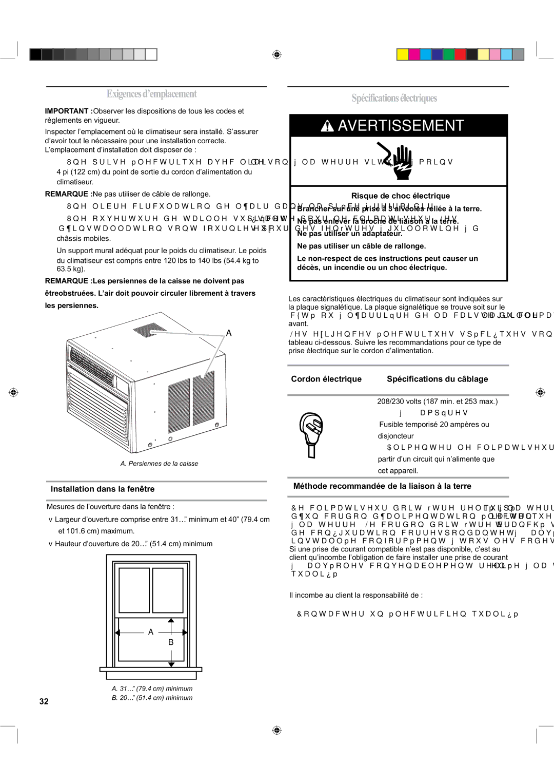 Haier ESA424K-L manual Exigencesd’emplacement, Spécificationsélectriques, Installation dans la fenêtre 