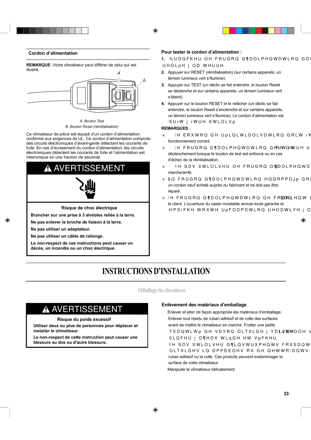 Haier ESA424K-L manual Instructionsd’Installation, Déballageduclimatiseur, Cordon d’alimentation 