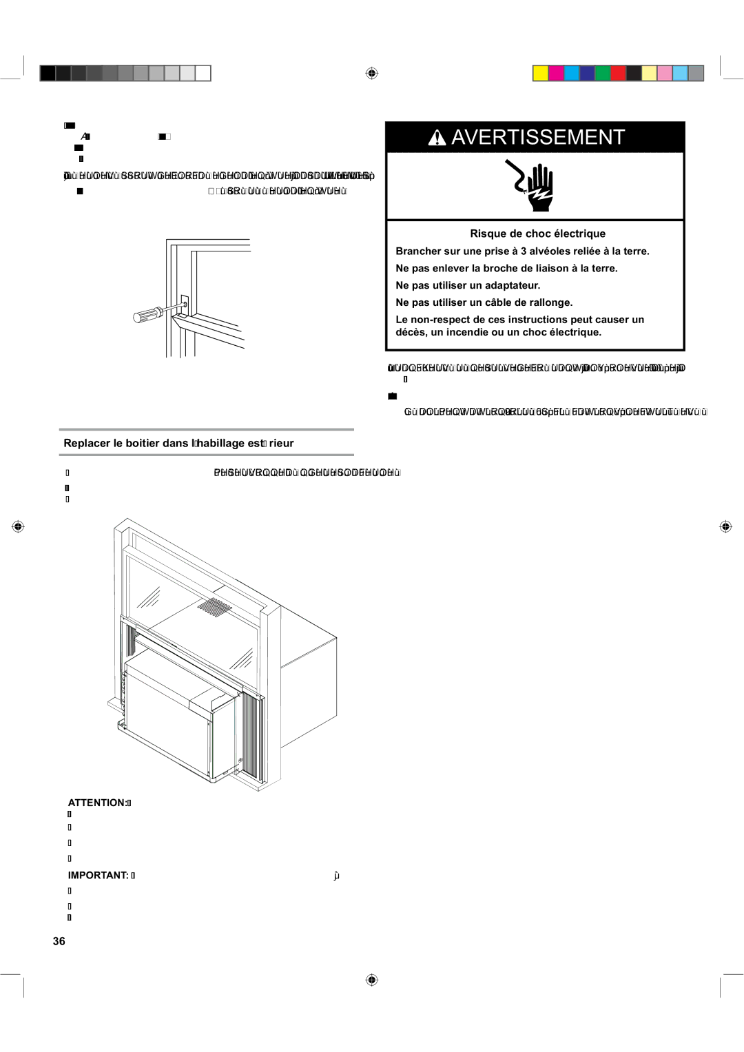 Haier ESA424K-L manual Risque de choc électrique, Replacer le boitier dans l’habillage estêrieur 