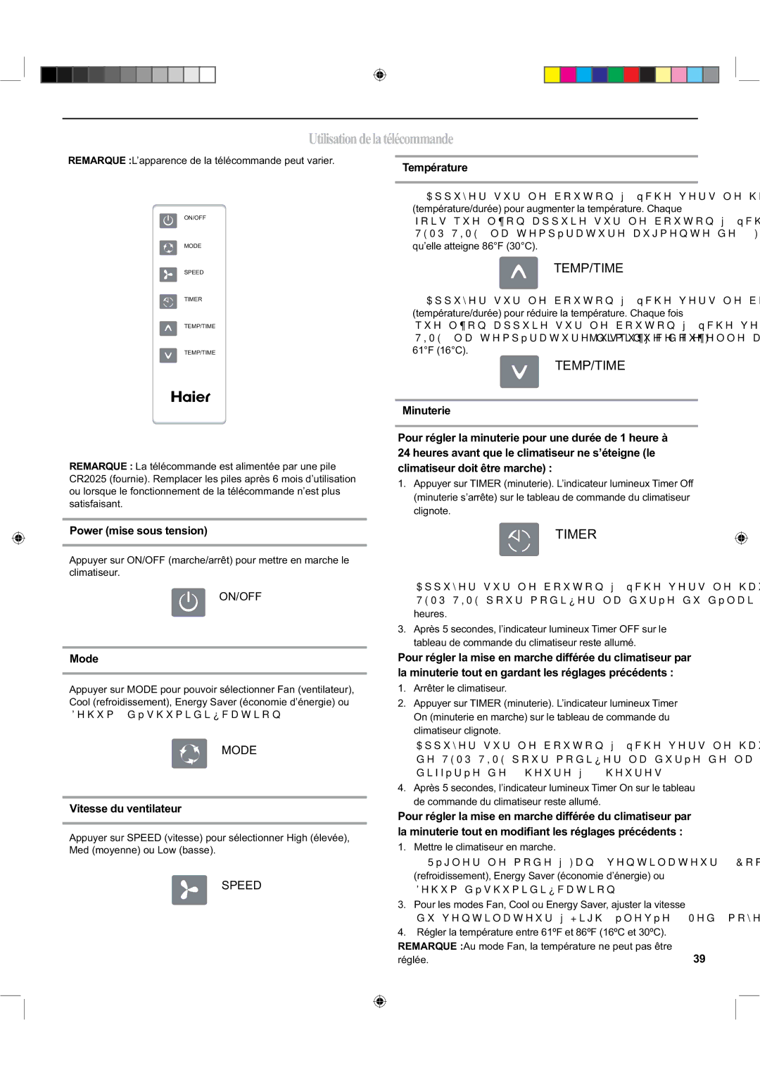 Haier ESA424K-L manual Utilisationdelatélécommande, Power mise sous tension, Vitesse du ventilateur 