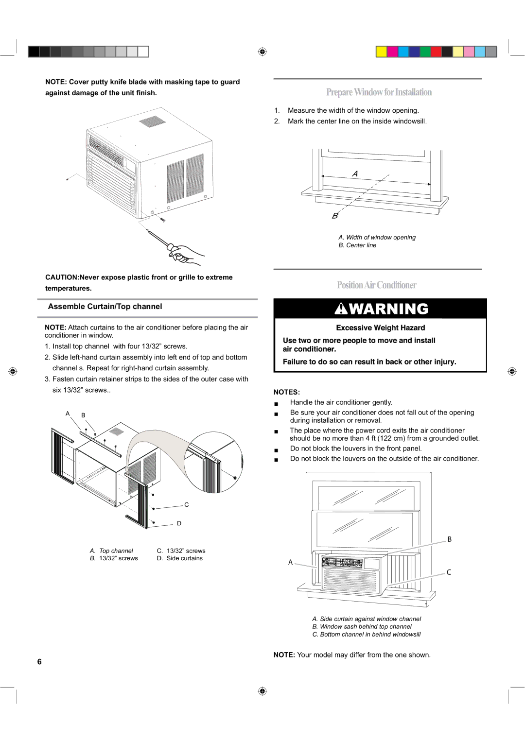 Haier ESA424K-L manual PrepareWindowforInstallation, PositionAirConditioner, Assemble Curtain/Top channel 