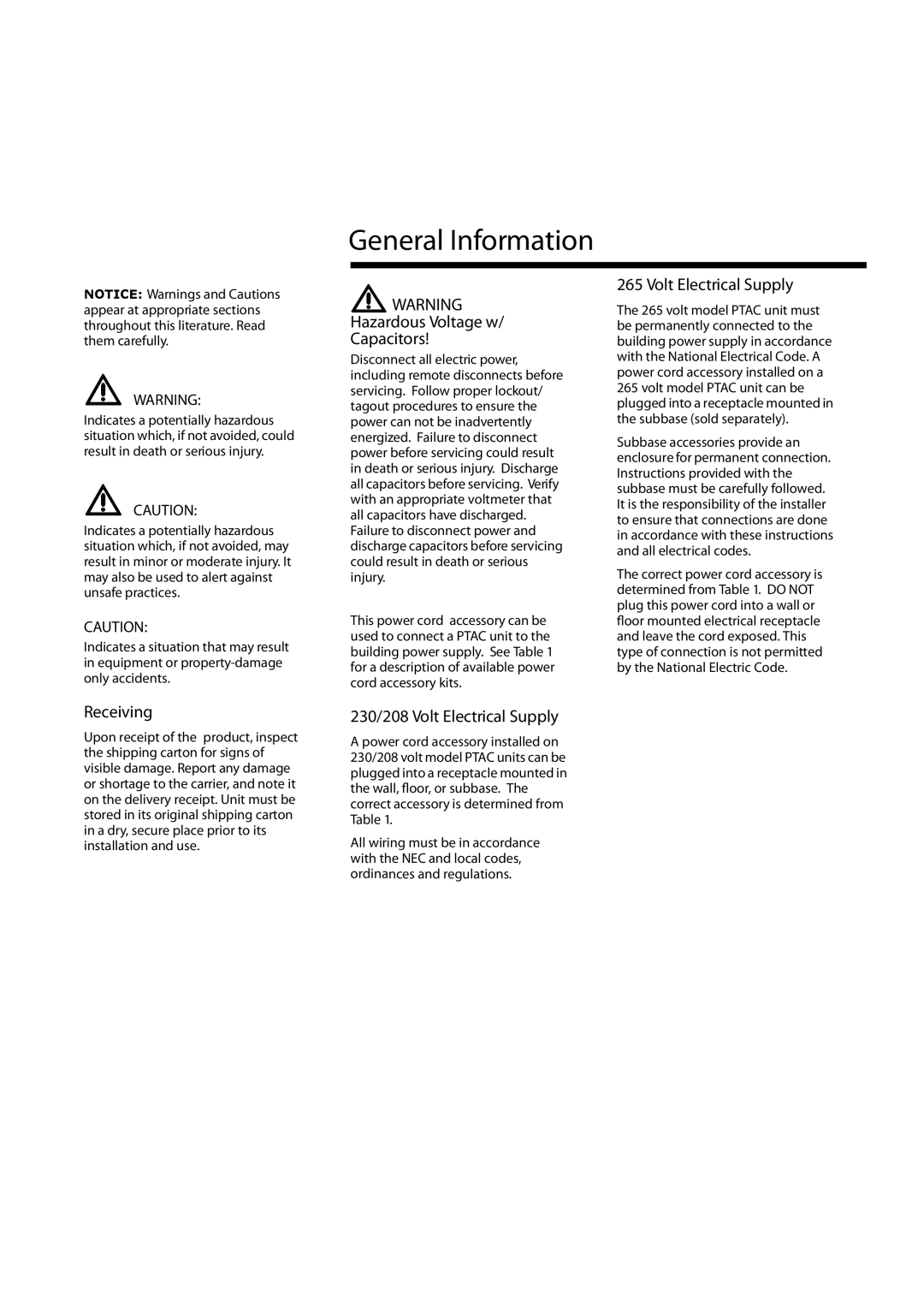 Haier ESA424N manual General Information, Hazardous Voltage w Capacitors, Volt Electrical Supply, Receiving 
