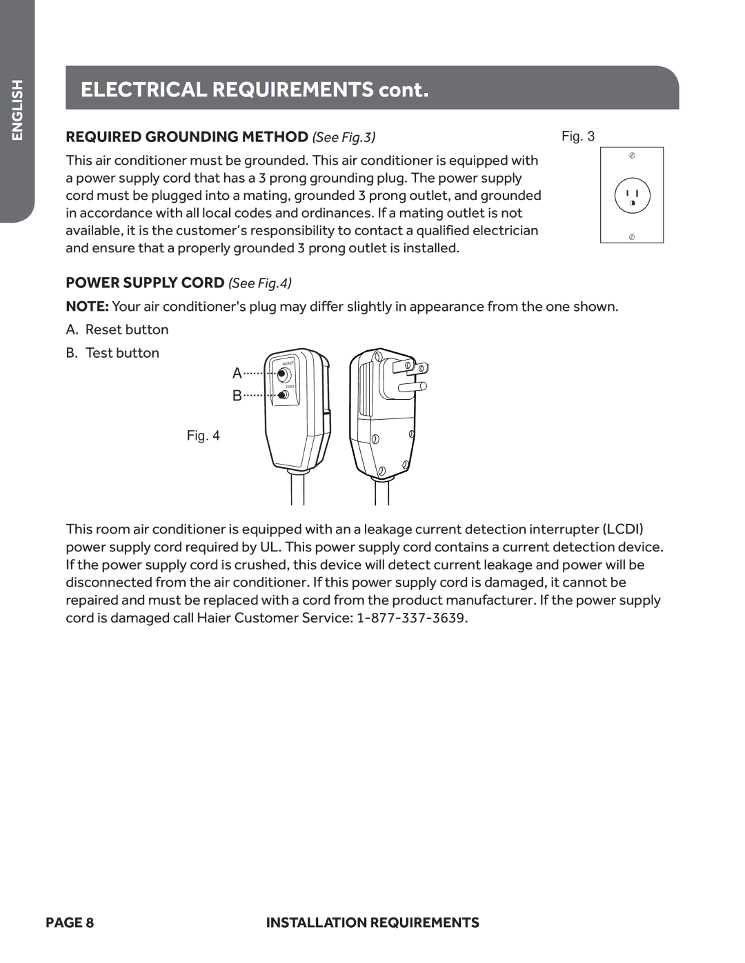 Haier ESAQ408P, ESAQ406P user manual Electrical Requirements, Required Grounding Method See 