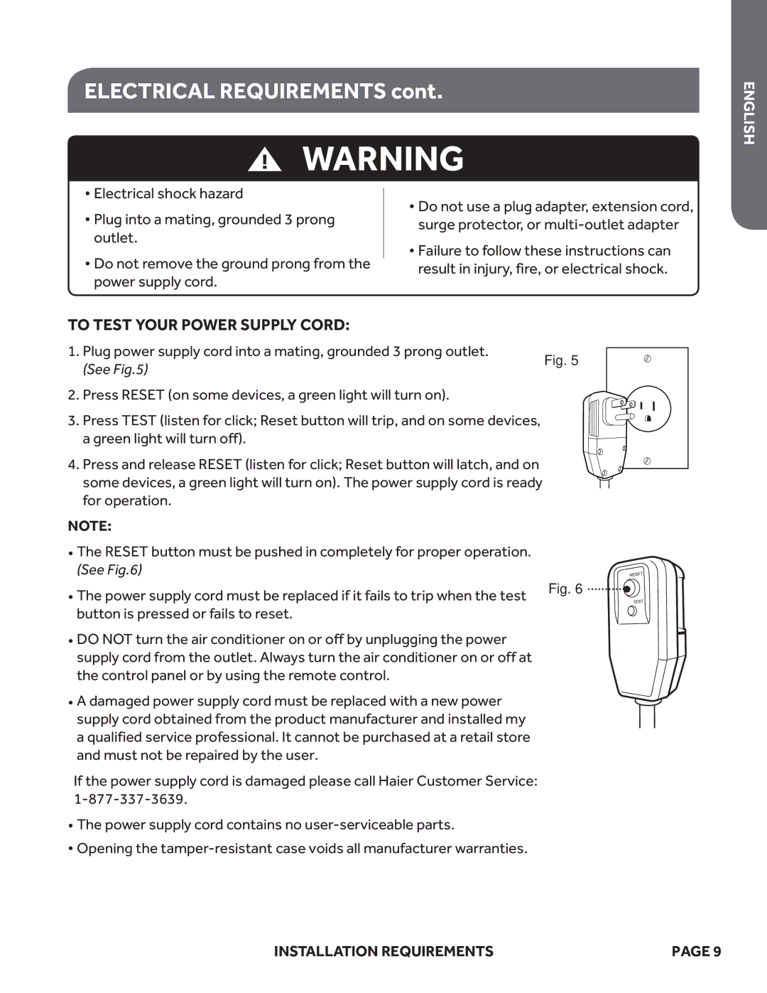 Haier ESAQ406P, ESAQ408P user manual To Test Your Power Supply Cord, See 