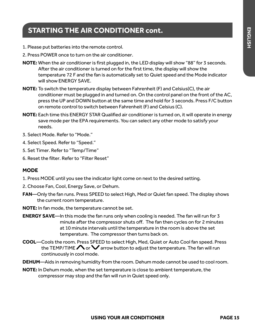 Haier ESAQ406P, ESAQ408P user manual Starting the AIR Conditioner, Mode 