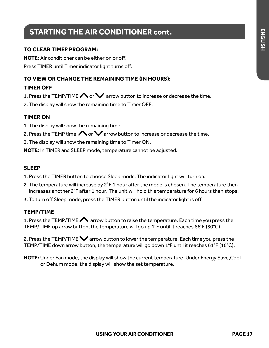 Haier ESAQ406P, ESAQ408P To Clear Timer Program, To View or Change the Remaining Time in Hours Timer OFF, Sleep, Temp/Time 