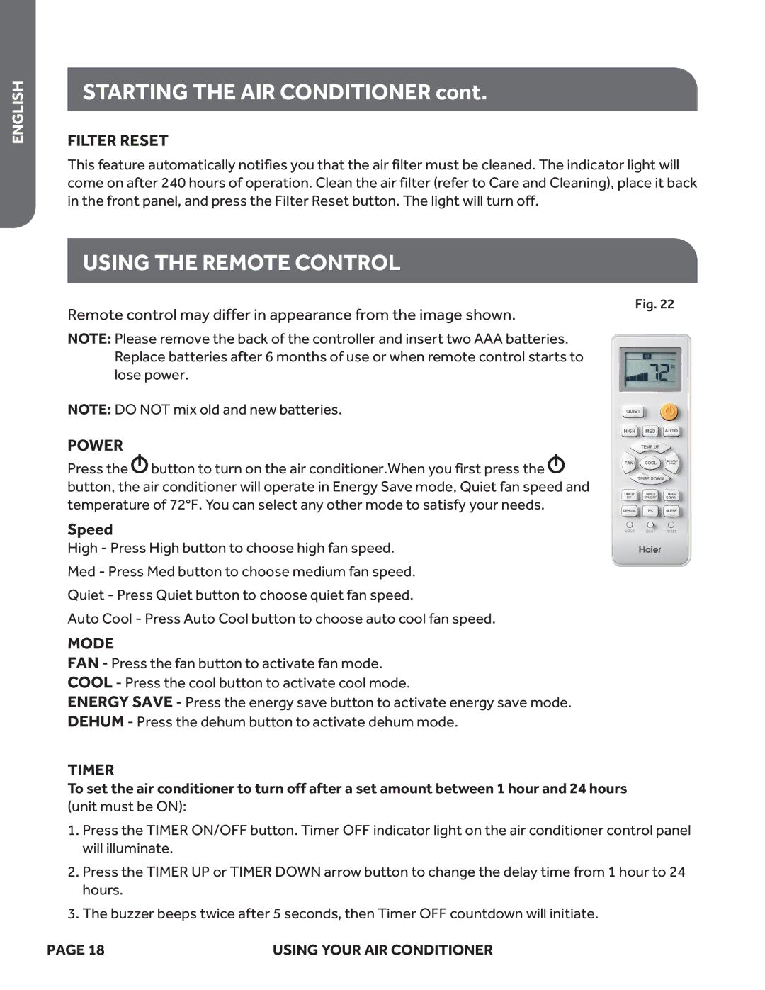 Haier ESAQ408P, ESAQ406P user manual Using the Remote Control, Filter Reset, Power, Timer 