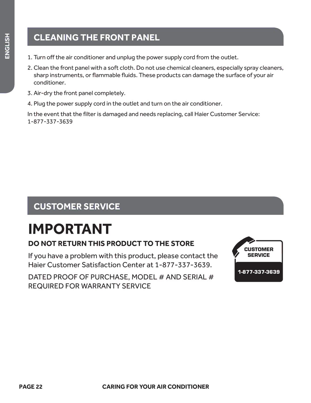 Haier ESAQ408P, ESAQ406P user manual Cleaning the Front Panel, Customer Service 