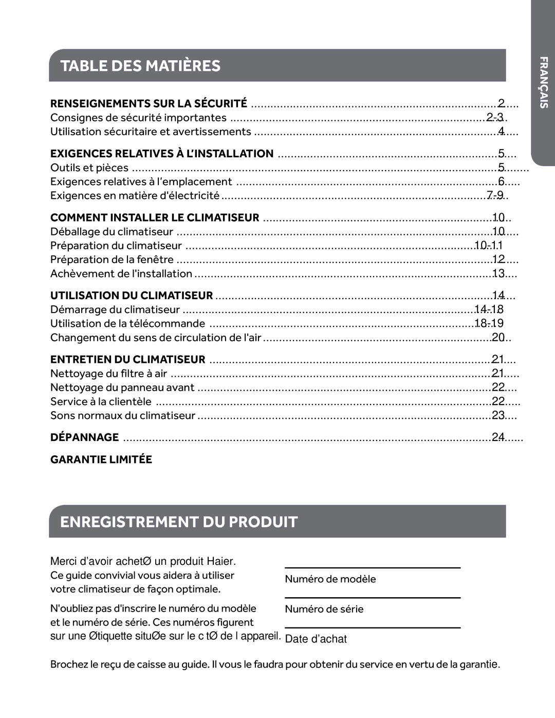 Haier ESAQ406P, ESAQ408P user manual Table DES Matières, Enregistrement DU Produit, Garantie Limitée, Français 