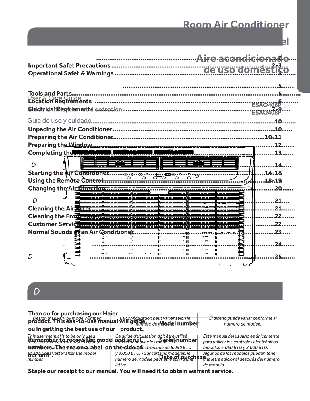 Haier ESAQ406P, ESAQ408P user manual Table of Contents, Product Registration 