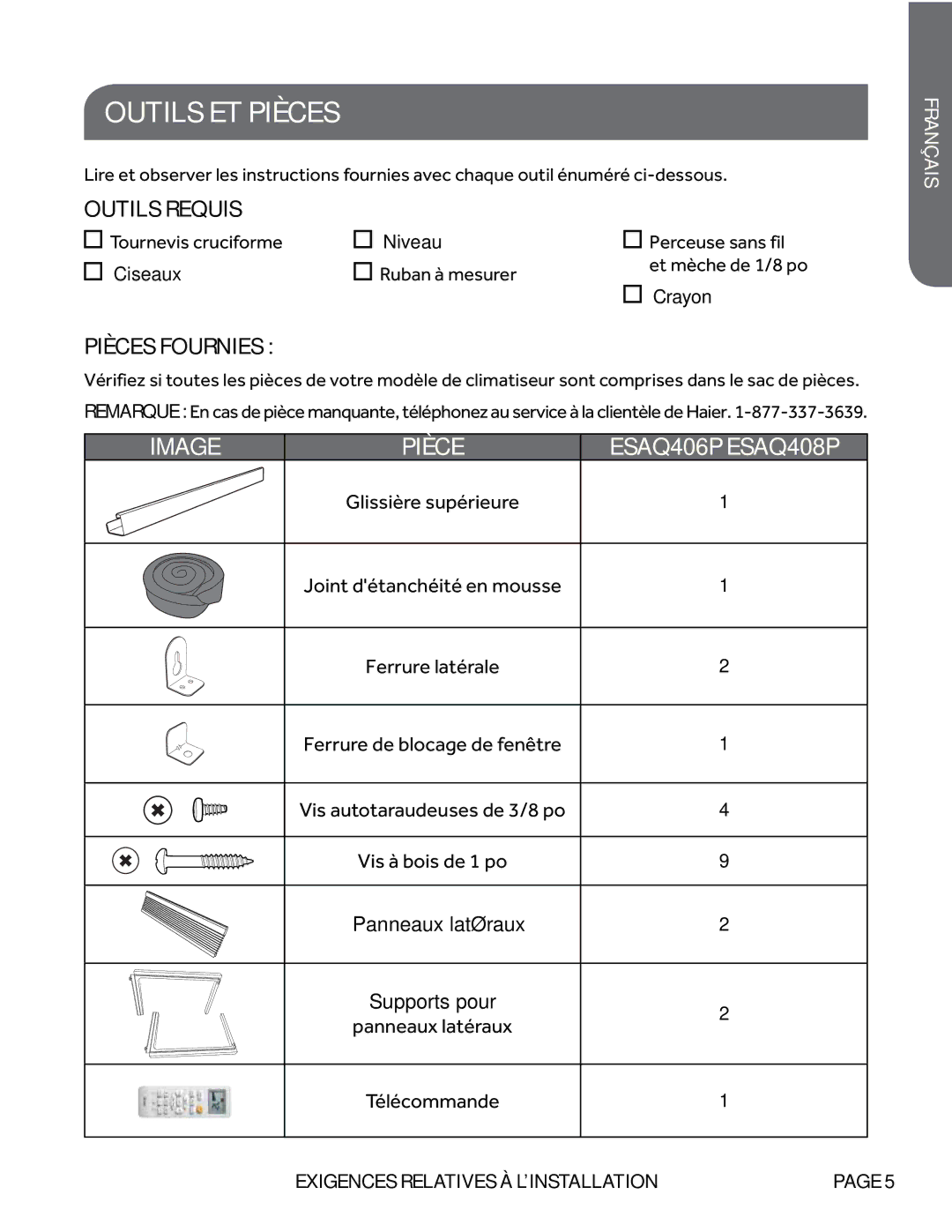 Haier ESAQ406P, ESAQ408P user manual Outils ET Pièces, Outils Requis 