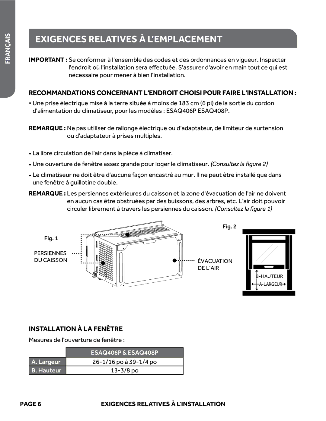 Haier ESAQ408P, ESAQ406P user manual Exigences Relatives À L’EMPLACEMENT, Installation À LA Fenêtre 