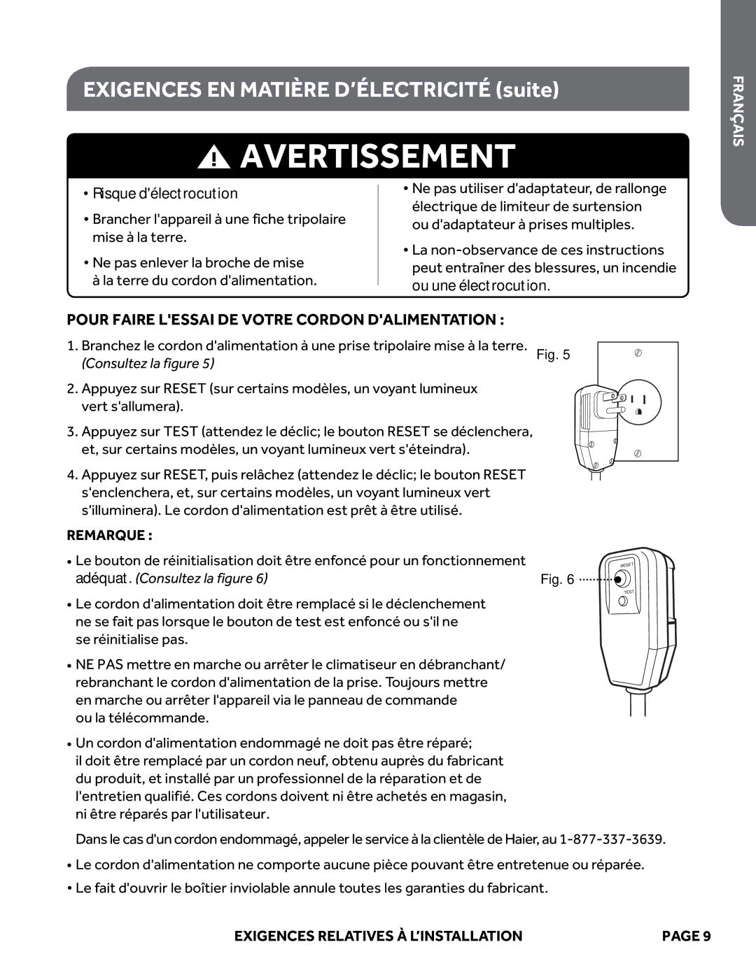 Haier ESAQ406P, ESAQ408P user manual Pour Faire Lessai DE Votre Cordon Dalimentation, Consultez la figure 