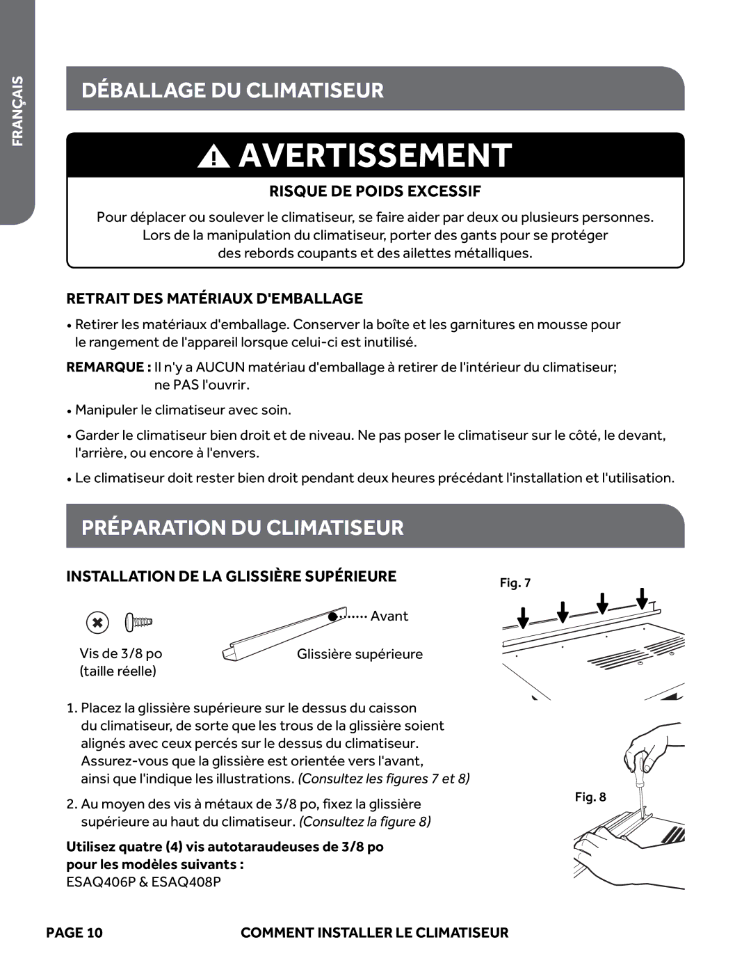 Haier ESAQ408P, ESAQ406P user manual Déballage DU Climatiseur, Préparation DU Climatiseur, Retrait DES Matériaux Demballage 