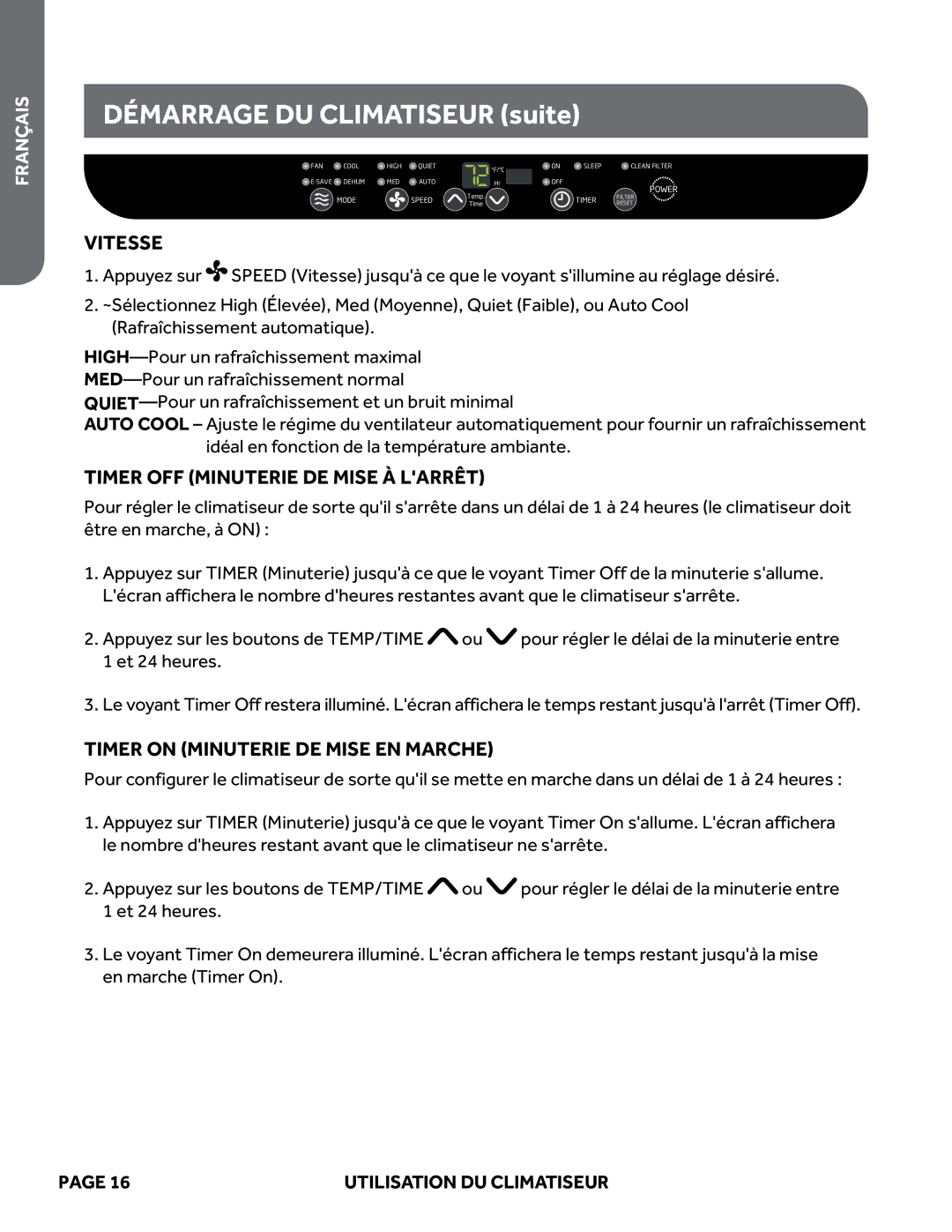 Haier ESAQ408P, ESAQ406P user manual Vitesse, Timer OFF Minuterie DE Mise À Larrêt, Timer on Minuterie DE Mise EN Marche 