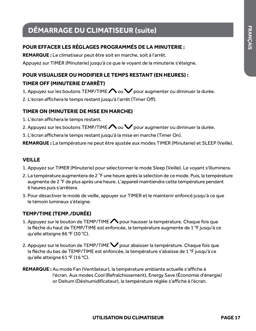 Haier ESAQ406P, ESAQ408P user manual Pour Effacer LES Réglages Programmés DE LA Minuterie, Veille, Temp/Time Temp./Durée 