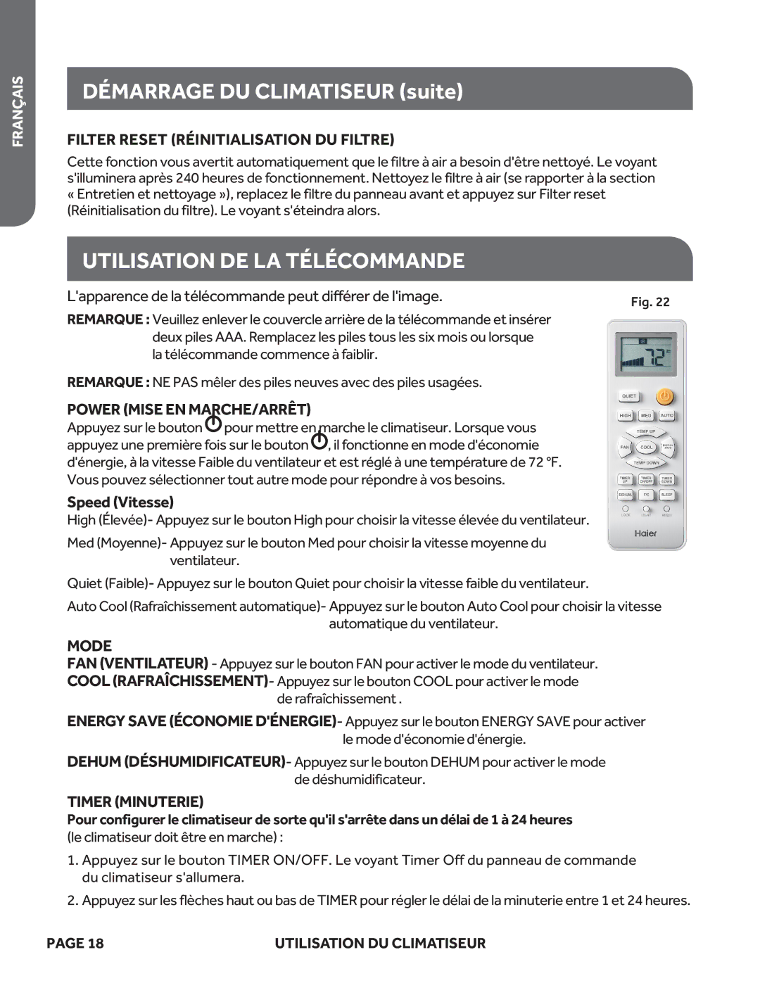 Haier ESAQ408P Utilisation DE LA Télécommande, Filter Reset Réinitialisation DU Filtre, Power Mise EN MARCHE/ARRÊT 