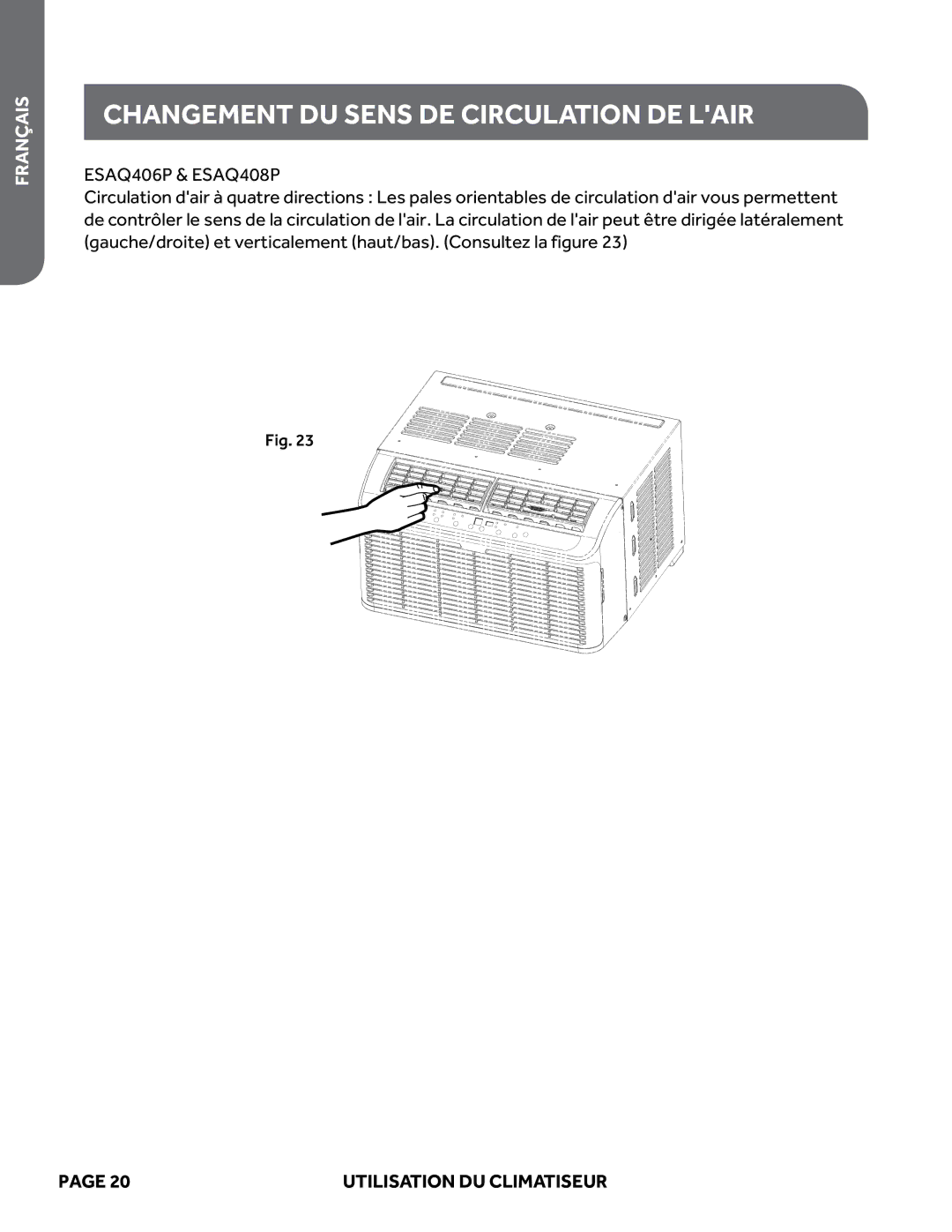 Haier ESAQ408P, ESAQ406P user manual Changement DU Sens DE Circulation DE Lair 