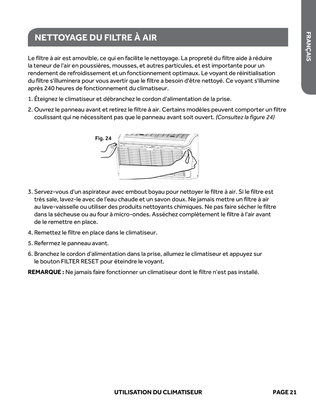 Haier ESAQ406P, ESAQ408P user manual Nettoyage DU Filtre À AIR 