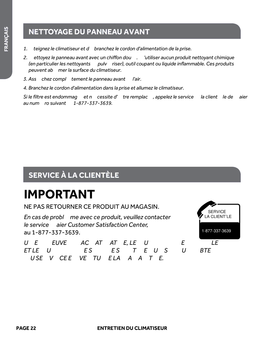 Haier ESAQ408P, ESAQ406P user manual Nettoyage DU Panneau Avant, Service À LA Clientèle 