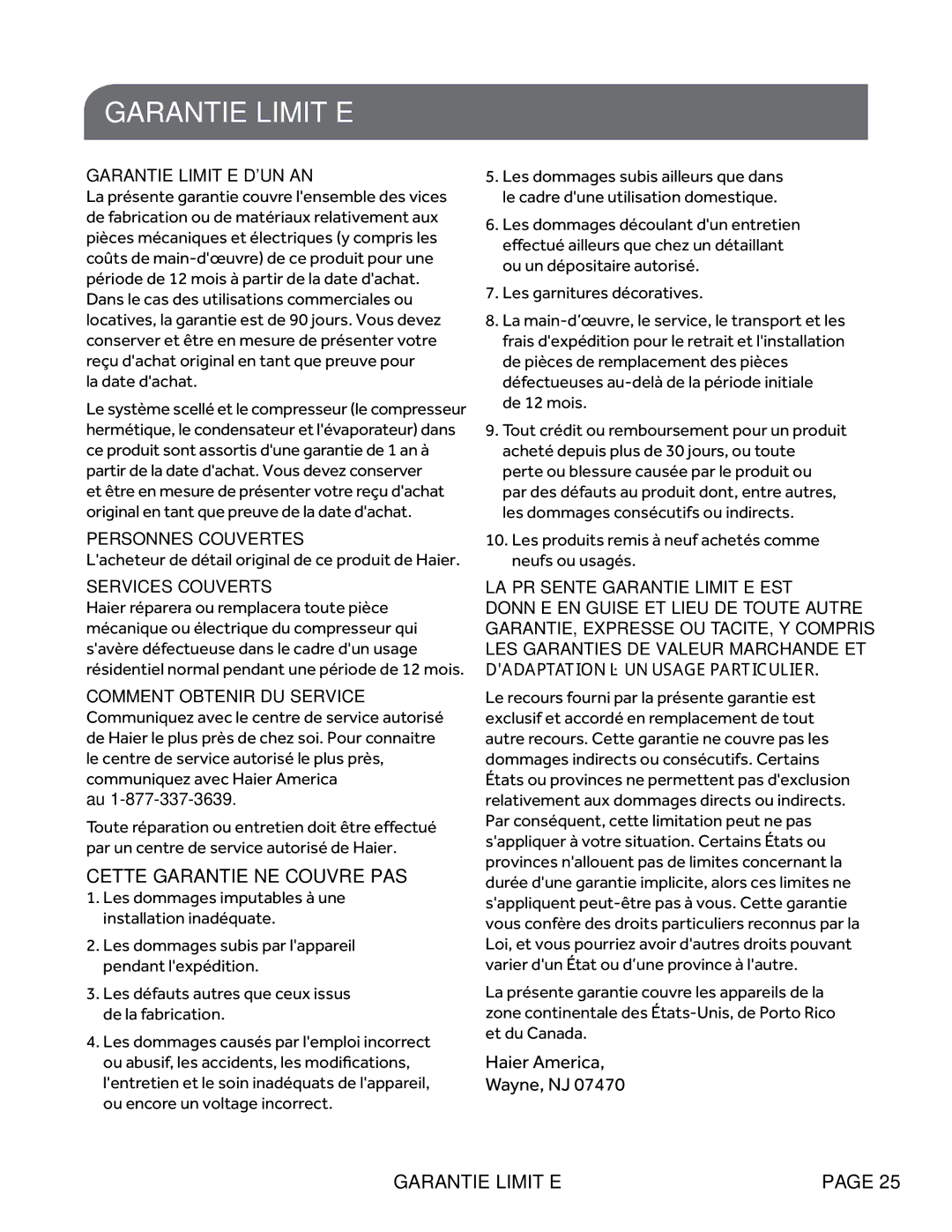 Haier ESAQ406P, ESAQ408P user manual Garantie Limitée DUN AN 