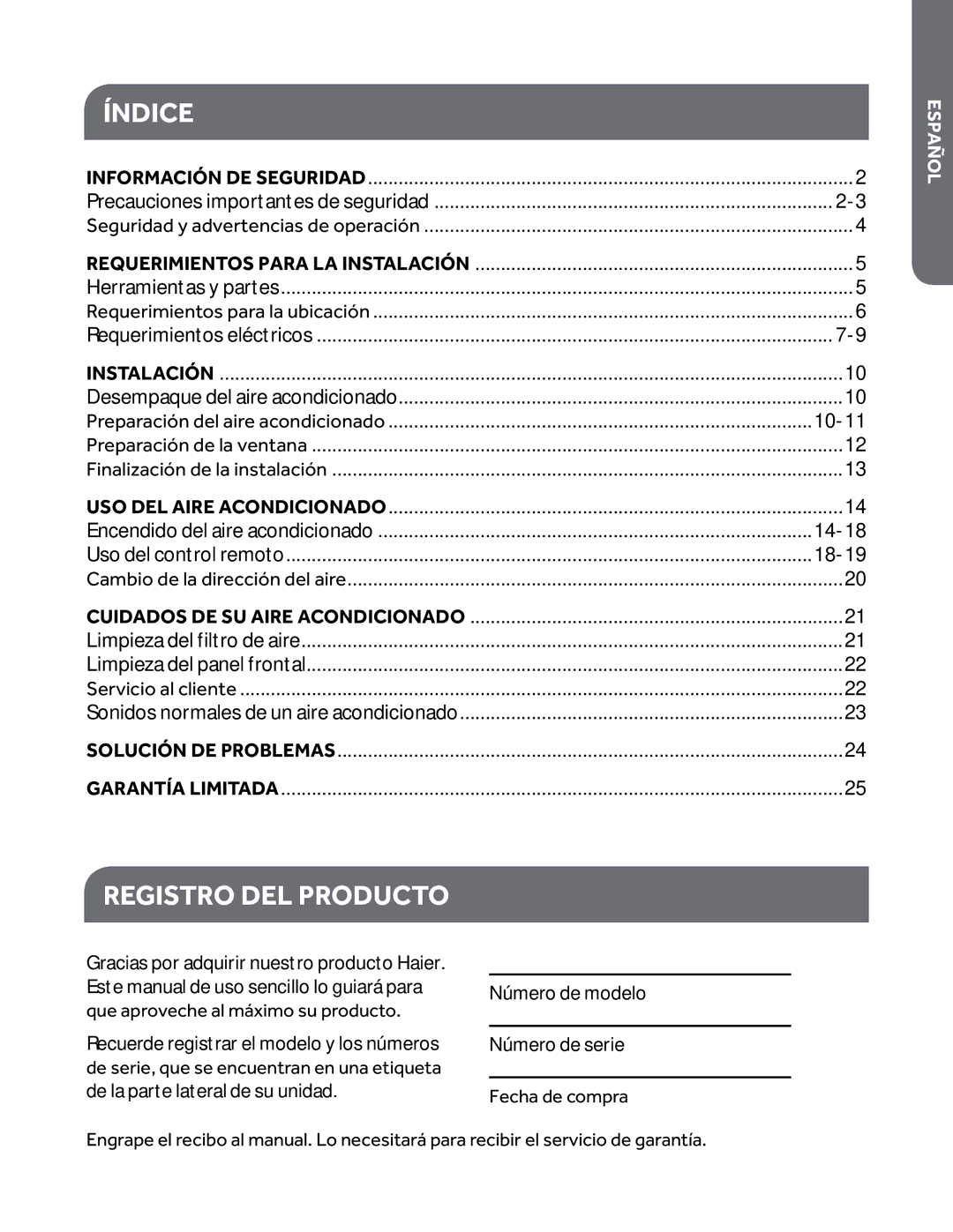 Haier ESAQ406P, ESAQ408P user manual Índice, Registro DEL Producto, Español 