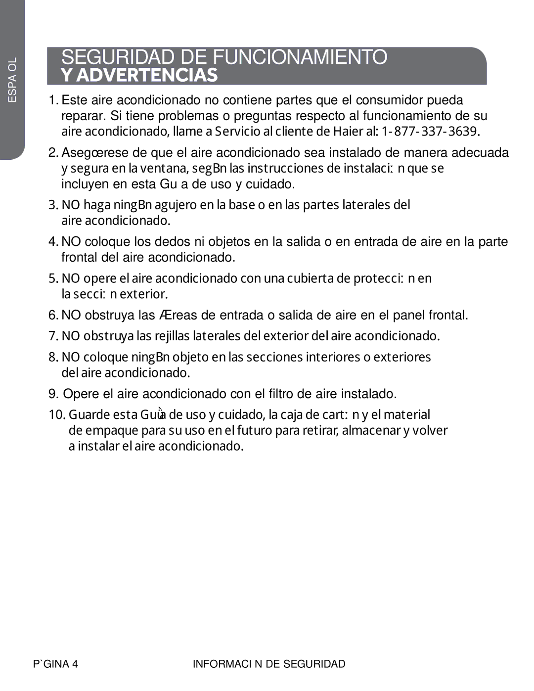 Haier ESAQ408P, ESAQ406P user manual Seguridad DE Funcionamiento Advertencias 