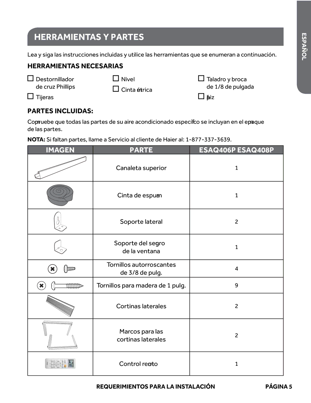 Haier ESAQ406P, ESAQ408P user manual Herramientas Y Partes, Herramientas Necesarias 