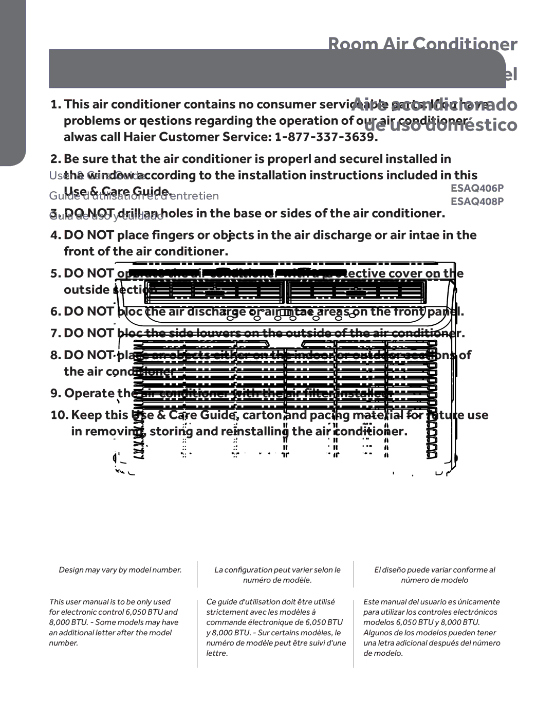 Haier ESAQ408P, ESAQ406P user manual Operational Safety & Warnings 