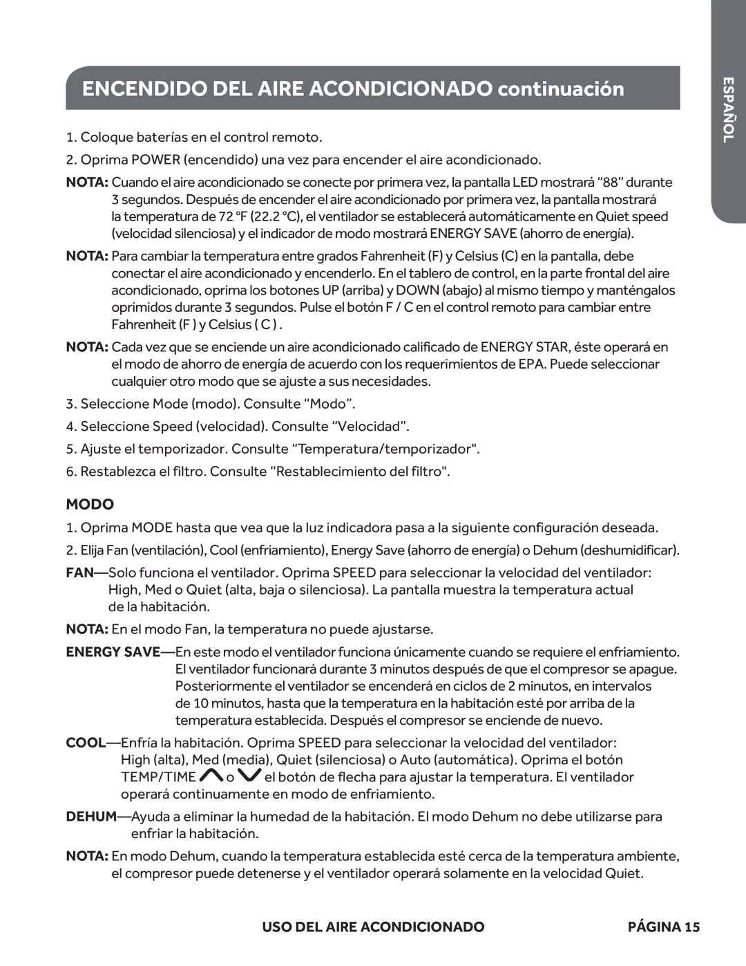 Haier ESAQ406P, ESAQ408P user manual Encendido DEL Aire Acondicionado continuación, Modo 