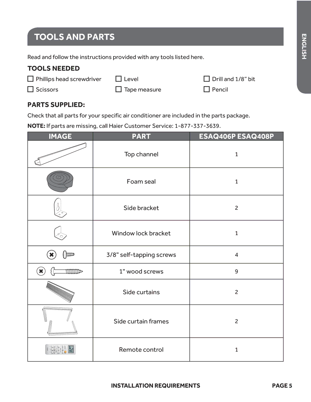 Haier ESAQ406P, ESAQ408P user manual Tools and Parts, Parts Supplied 