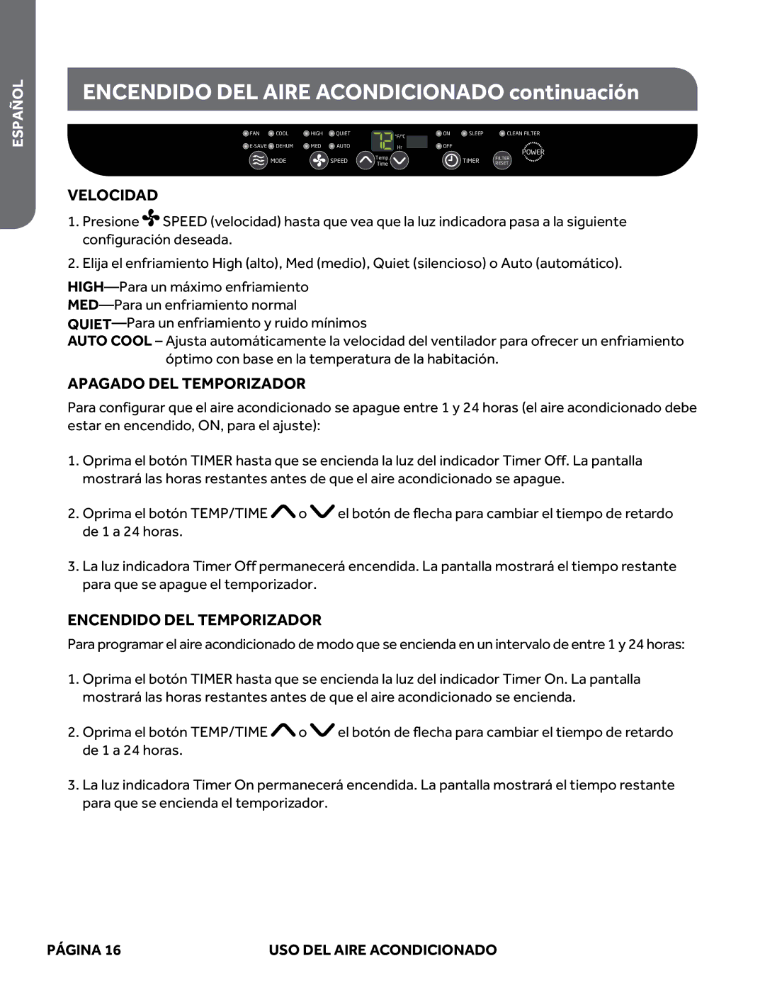 Haier ESAQ408P, ESAQ406P user manual Velocidad, Apagado DEL Temporizador, Encendido DEL Temporizador 